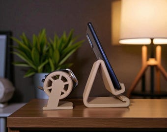 3D Printed Phone & Smartwatch Holder Set: Modern Ribbed Desk Organizer