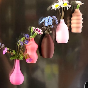 May include: Five small ceramic vases in different colors and shapes, each holding a different type of flower. The vases are arranged in a row on a dark surface.