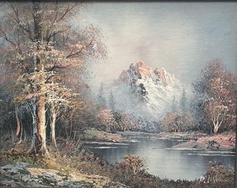 Vintage Original Oil Painting by Artist J. Medina Snowy Mountains