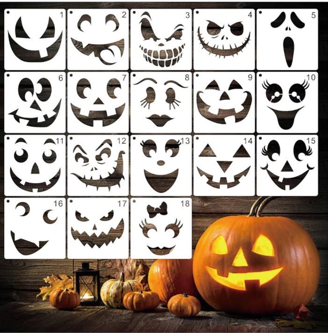 18pcs Halloween Pumpkin Faces Stencils for Crafts Reusable Painting Stencils Drawing Stencils ...