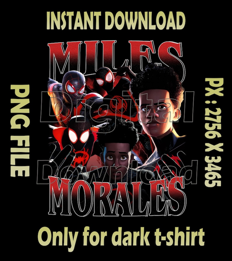 May include: Black digital design featuring multiple illustrations of Miles Morales in various poses. The text reads "MILES MORALES" in red and white, with additional text indicating it's a PNG file for dark t-shirts.