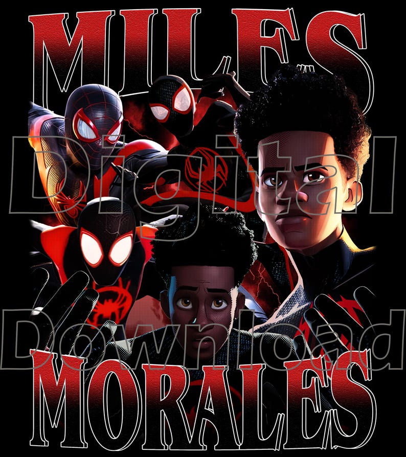 May include: Black graphic featuring multiple images of Miles Morales in his Spider-Man suit, with the words "MILES" and "MORALES" in red, stylized text. The words "DIGITAL DOWNLOAD" are also present.