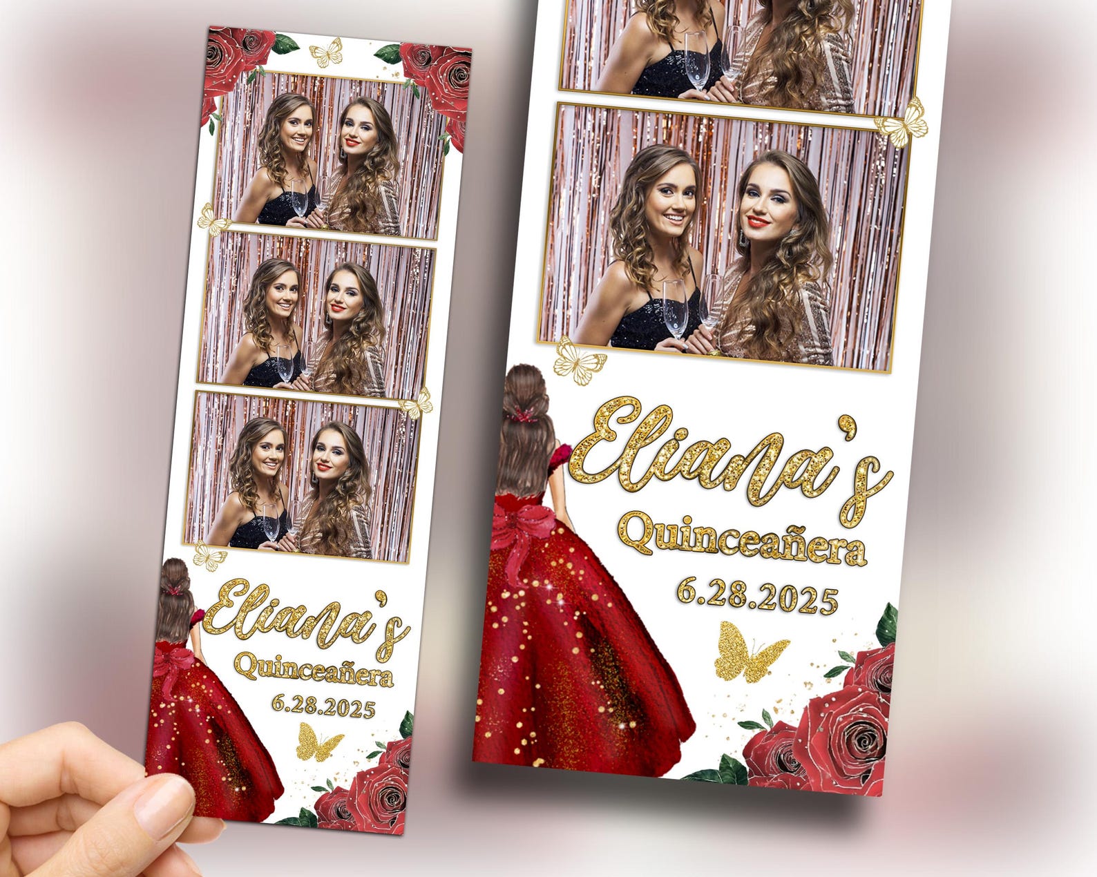 Sweet 16 Photo Booth Template 2x6 Birthday Red Burgundy Gold Floral