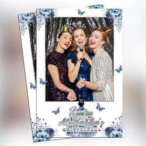 Birthday Photo Booth Template Sweet 16 Girls Butterfly Dusty Blue Navy and Silver Quinceañera 4x6 Portrait Mis Quince Photobooth Template