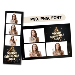 Plantilla de fotomatón navideño Felices fiestas 2024 Negro y dorado 2x6 y 4x6 Plantillas de fotomatón de Navidad Felices fiestas Fiestas de año nuevo CM18