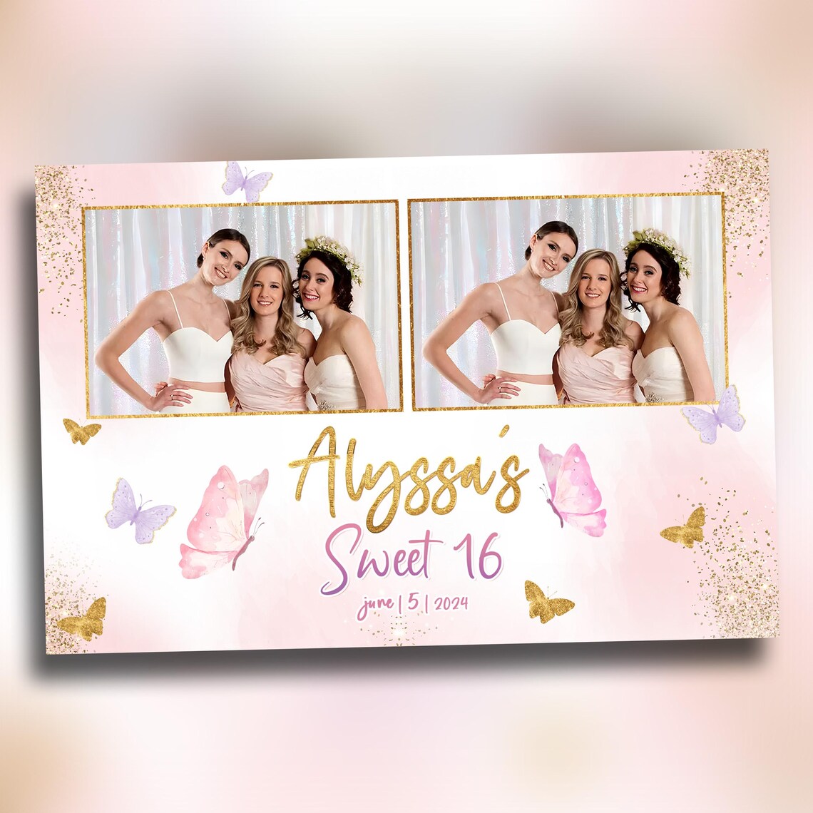 Sweet 16 Photo Booth Template Birthday Purple Gold Butterfly