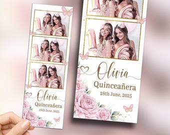 Sweet 16 Photo Booth Template 2x6 Pink rose floral blush pink and gold with dusty pink butterfly Quinceañera Strip Photobooth Template S31