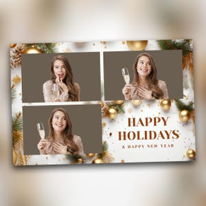 Plantilla para fotomatón de fiesta navideña, postal de 4 x 6 en color blanco, dorado y beige, oro rosa, Navidad, felices fiestas, año nuevo 2025
