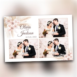 Plantilla de fotomatón de boda estilo boho con diseño de hierba de la pampa, estilo boho con flores rosas, diseño de postal de 4 x 6, plantilla de fotomatón de aniversario WD7