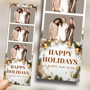 Modello per Photobooth per feste di Natale Bianco Rosa Oro Beige Striscia 2x6 3 foto Natale Buone Feste Capodanno 2025 modello per photobooth