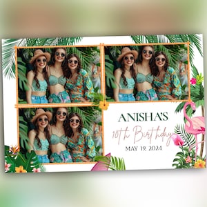 Puede incluir: Un telón de fondo de cabina de fotos con un tema tropical. Presenta un marco de bambú verde, naranja y blanco con un flamenco rosa y detalles florales. El texto "ANISHA'S 10th Birthday MAY 19, 2024" está impreso en el telón de fondo.