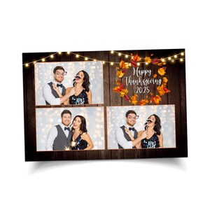 May include: A photo card with four photo booth style images of couples posing with props. The card has a wooden background with string lights and a fall wreath. The text "Happy Thanksgiving 2025" is in the center.