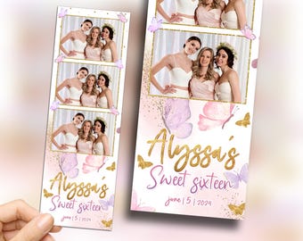 Sweet 16 Photo Booth Template Girls Birthday Purple and Gold Butterfly Quinceañera 2x6 Photobooth Template Sixteen Birthday Bridal Shower