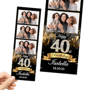 Könnte beinhalten: Zwei vertikale Fotostreifen mit drei übereinander angeordneten Fotos von drei Personen mit Sektgläsern. Der untere Bereich zeigt goldene Luftballons, eine mit Diamanten besetzte 40. Geburtstagsgrafik, ein goldenes Band und den Text Isabella 12.10.31.