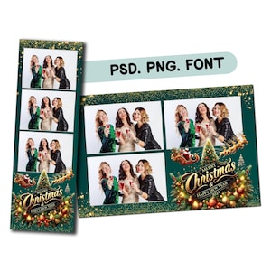 Christmas Photo Booth Template 2x6 and 4x6 Xmas Photobooth templates bundle green gold Christmas tree Holiday Party New Year Party 2025 CM16