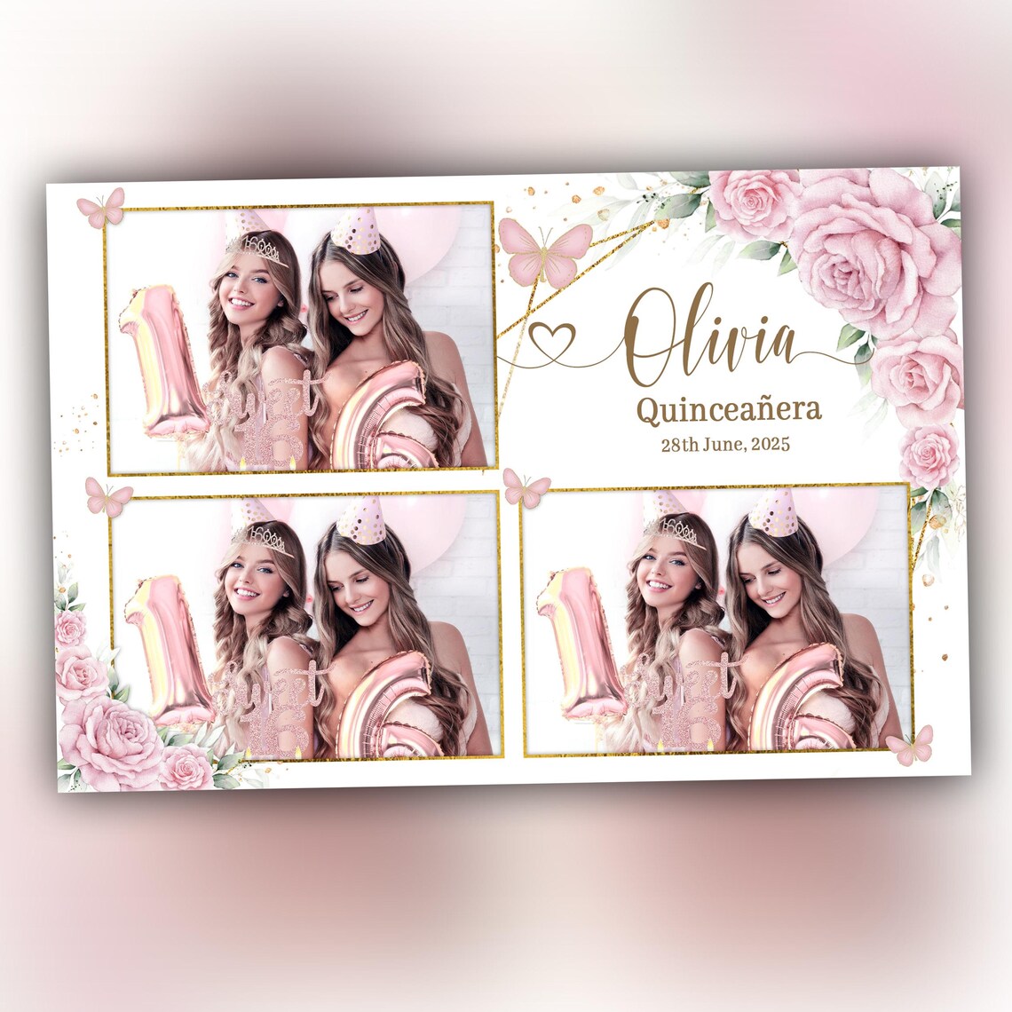 Sweet 16 Photo Booth Template 4x6 Pink Rose, Gold Quinceañera