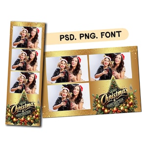 Gold Merry Christmas Photo Booth Template 2x6 and 4x6 Xmas Photobooth templates bundle golden and green Holiday New Year Party 2025 CM16