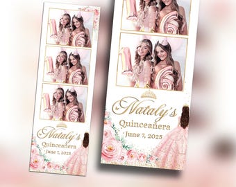 Blush Pink Quinceañera Photobooth Template 2x6 Strip rose gold butterfly with floral elements sweet 16 photo booth editable template
