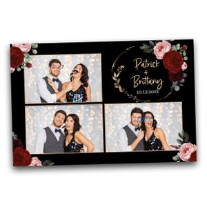 May include: A black photo card featuring four images of a couple with props. The card is adorned with floral decorations and the names "Patrick + Brittany" and the date "10.12.2021" in gold script.