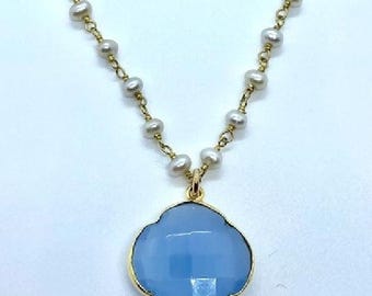 Blue Lace Agate Clover and Rosary Pearl Necklace