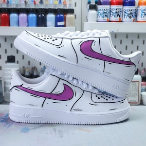 Baskets personnalisées air force 1 custom classic sketch cartoon  violet pastel peint à la main sneakers custom