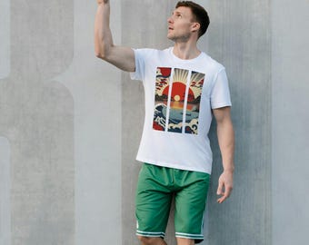 Japanese Sunrise Wave T-Shirt, Modern Ocean Graphic Tee, Minimal Streetwear Design