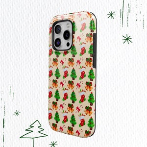 May include: A phone case with a festive Christmas pattern. The design features repeating images of green Christmas trees, red stockings, gold bells, and candy canes on a beige background. The case has a black border.