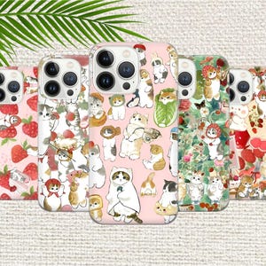 Schattige cartoon kat telefoonhoesje schattig hoesje voor iPhone 16 Pro, 15, 14, 13, 12, 11, Google Pixel 9, 8, 7A, 6A, Samsung Galaxy S24 Ultra, S23fe