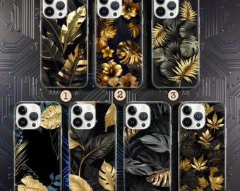 Black Gold Botanical Phone Case, Elegant Leaf iPhone Samsung Cover