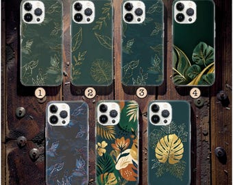 Dark Green Botanical iPhone Case, Gold Line Art Nature Samsung Cover