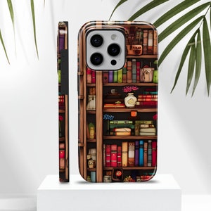 Funda para teléfono con estantería: cubierta resistente con diseño de libro caprichoso