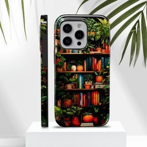 Funda resistente para teléfono con plantas de estantería: una cubierta de libro caprichosa