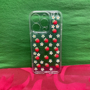 Strawberry Flower Phone Case – Cute Aesthetic Clear iPhone Case – Handmade Kawaii Fruit Case, Samsung Cover