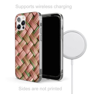 Puede incluir: Una funda transparente para tel&eacute;fono con un dise&ntilde;o tejido en tonos rosa, verde y beige. Junto a ella, un smartphone negro y un cargador inal&aacute;mbrico blanco. El texto "Supports wireless charging" y "Sides are not printed" son visibles.