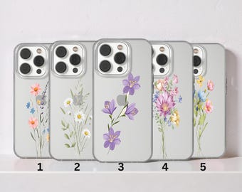 Clear Floral Phone Case, Minimalist Botanical Design for iPhone, Samsung, Google Pixel