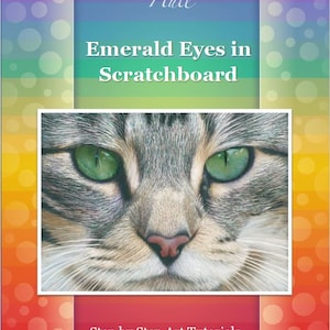 May include: A close-up of a cat's face with emerald green eyes. The cat's fur is gray and white. The image is titled "Emerald Eyes in Scratchboard" and includes the artist's name, Karen Hull, and website, www.karenhullart.com.