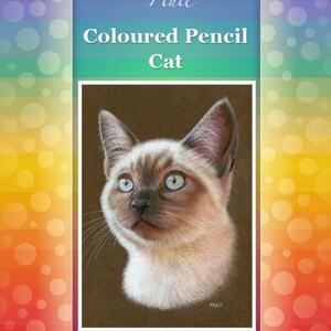 May include: A colored pencil drawing of a Siamese cat's face, featuring blue eyes and a cream and brown coat. The image includes the text "Coloured Pencil Cat" and "Karen Hull" with a butterfly illustration. Website address is also included.