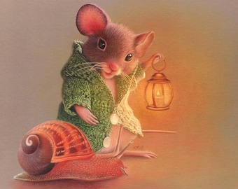 Lighting the Path Coloured Pencil Original Artwork Drawing Illustration Rainbow Magic Mouse flowers garden Whimsy Wood Panel by Karen Hull