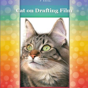May include: A close-up of a cat's face with green eyes, drawn in colored pencil on white paper. The image is framed by a colorful background with a polka dot pattern. The text "Karen Hull" and "Cat on Drafting Film" are at the top of the image. The text "Step by Step Art Tutorials www.karenhullart.com hullfamily1@bigpond.com" is at the bottom of the image.