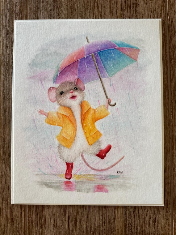 雨に歌うセバスチャン 水彩 色鉛筆 オリジナルアートワーク 絵画