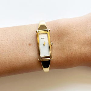 Vintage 1990s Gucci Bangle Quartz Watch - Rectangular Golden Dial, 100% Authentic, Gift for Her, Box and Documents