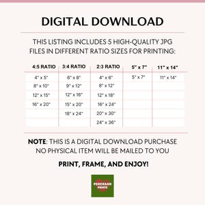 Puede incluir: Una lista de descarga digital para 5 archivos JPG de alta calidad en diferentes proporciones para imprimir. La imagen muestra una tabla con diferentes tama&ntilde;os de impresi&oacute;n en pulgadas para las proporciones 4:5, 3:4, 2:3, 5" x 7" y 11" x 14". El texto "DESCARGA DIGITAL" est&aacute; en la parte superior de la imagen. El texto "NOTA: ESTA ES UNA COMPRA DE DESCARGA DIGITAL NING&Uacute;N ART&Iacute;CULO F&Iacute;SICO SE ENVIAR&Aacute; IMPRIME, ENMARCA Y DISFRUTA!" est&aacute; en la parte inferior de la imagen.