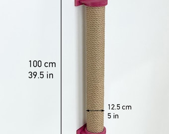 May include: A cat scratching post with a pink base and top, and a sisal rope scratching surface. The post is 39.5 inches (100 cm) tall and 5 inches (12.5 cm) in diameter. The letter "L" is visible at the top.