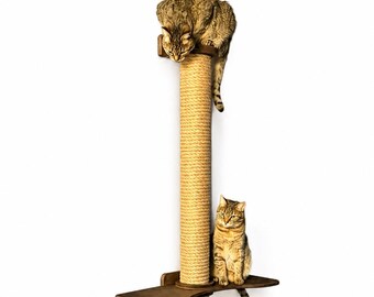May include: A cat tree with a sisal-wrapped post and two wooden platforms. Two tabby cats are on the tree, one at the top and one on a platform. The tree is mounted on a white wall.