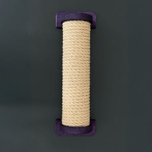 May include: A cat scratching post with a natural rope scratching surface and purple wooden end pieces. The post is designed to be mounted on a wall. The rope is tightly wound around a central core.