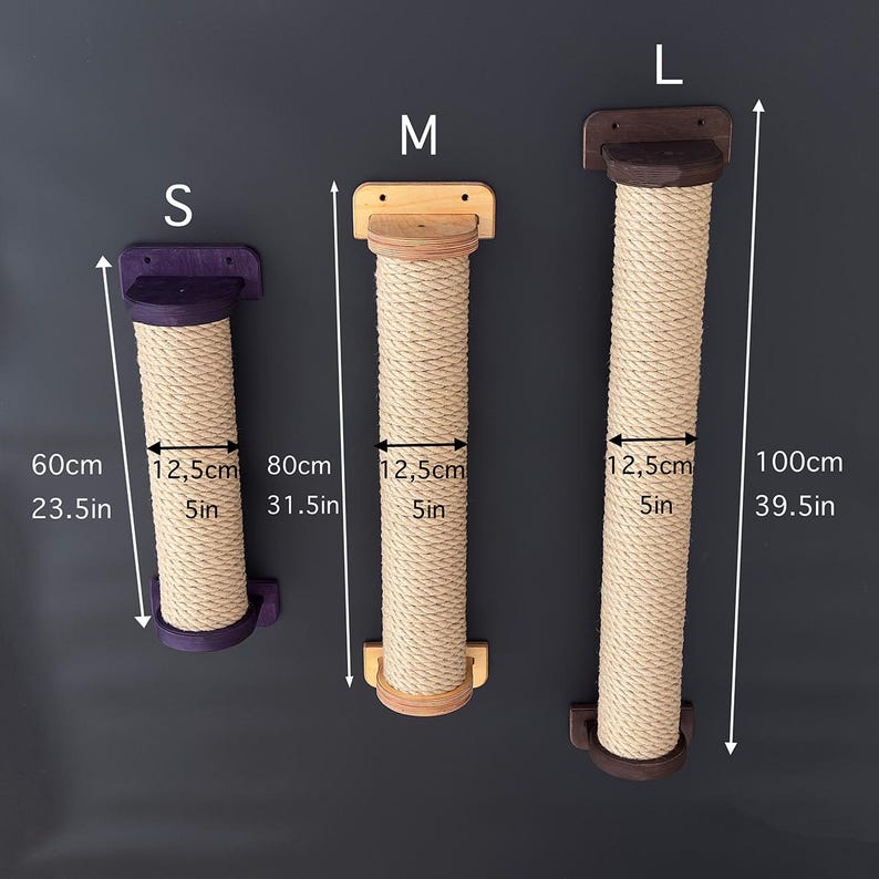 May include: Three cat scratching posts in varying sizes: small (23.5 inches), medium (31.5 inches), and large (39.5 inches). Each post features a natural rope scratching surface and a wooden base and top. The posts are mounted on a dark gray wall.