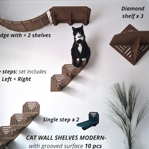 Modern Plywood Cat Wall Shelves with Bridge & Steps