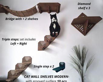 Cat Wall Shelves 10 pcs set Modern Wooden Cat steps with Bridge - Grooved surface (USA only)