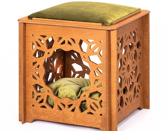 Solid Wood Floral Cat House: Modern Cat Bed Furniture