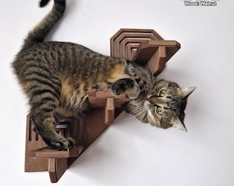 Cat Shelves Wall-Mounted with Bridge: Modern Cat Tree Set 10 pcs, Cat Steps + bolts (USA only)